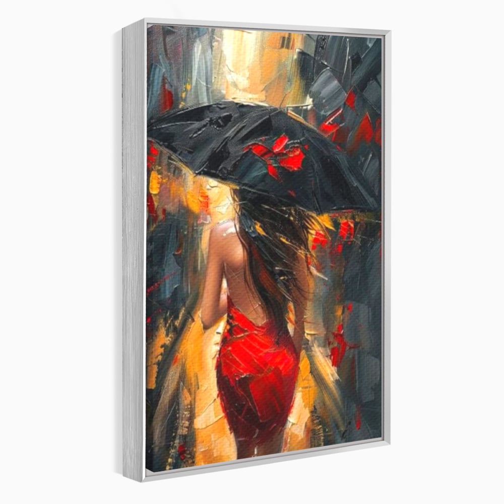 Tablou canvas cu pictura cu femeie si umbrela rosie, in rama de aluminiu argintiu